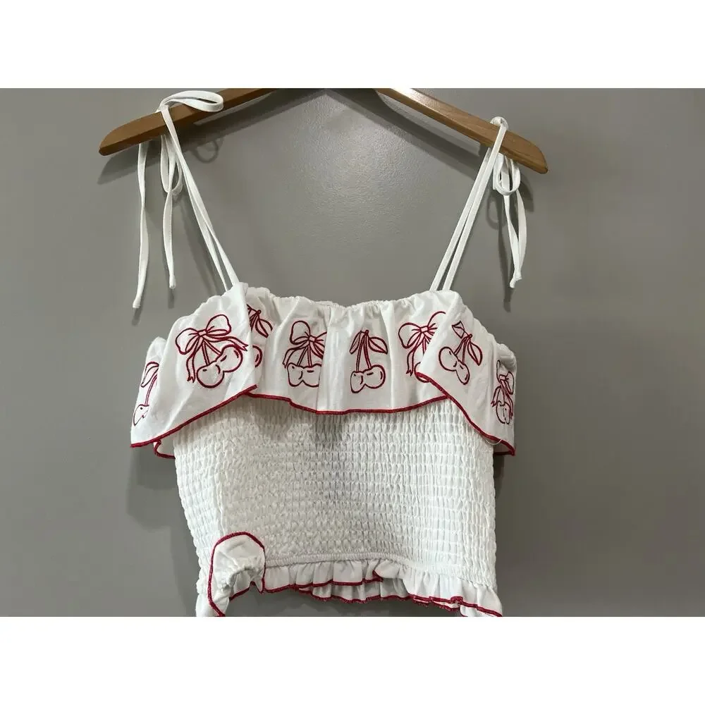 NWT Thirty/Thirty LA White Red Cherry Print Linen Blend 2 Piece skirt Set Size L - Picture 4 of 10